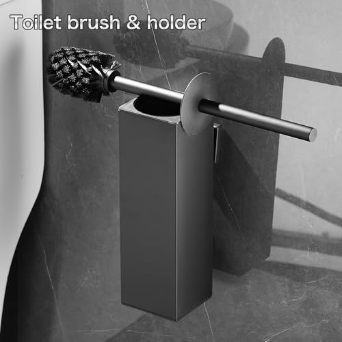 Black Square Wall-Mounted Toilet Brush Holder, Drill-Mounted | Clean the dense brush head, splash guard, and removable inner bucket. Looking for a square stainless steel toilet brush. - color: Black