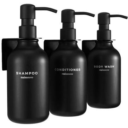 MaisoNovo Shampoo and Conditioner Dispenser|Refillable Black Set of 3 | 500 ml Shower Gel Dispenser Set of 3. Refillable Shampoo and Conditioner Bottles. Drill Free Secure Design. Black - color: Black Set of 3