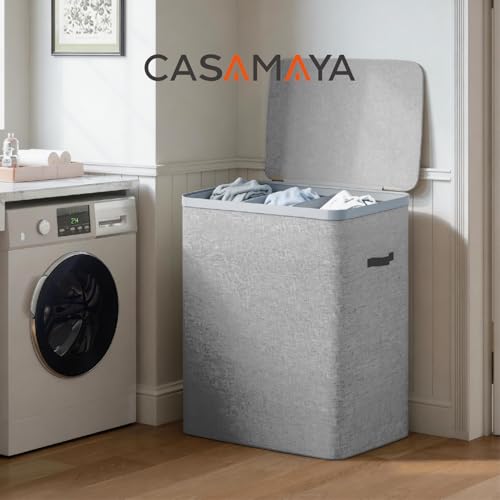 CASAMAYA Laundry Basket with Lid, Laundry Hamper 3 Section, 190L collapsible Laundry Organizer, Easy Assembly, with Handles and Removable Liners, 25.2 x 15.7 x 29.5 Inches, Gray JSP904G - color: Gray, size: 190L(3-Section)