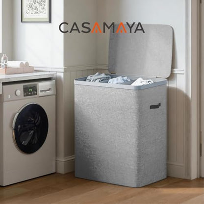 CASAMAYA Laundry Basket with Lid, Laundry Hamper 3 Section, 190L collapsible Laundry Organizer, Easy Assembly, with Handles and Removable Liners, 25.2 x 15.7 x 29.5 Inches, Gray JSP904G - color: Gray, size: 190L(3-Section)