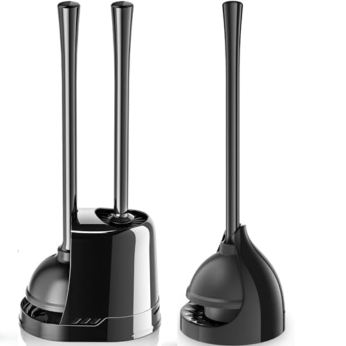 Toilet Plunger and Brush, Bowl Brush and Heavy Duty Toilet Plunger Set with Ventilated Holder, 2-in-1 Toilet Brush and Plunger Combo for Bathroom Cleaning (Black)
