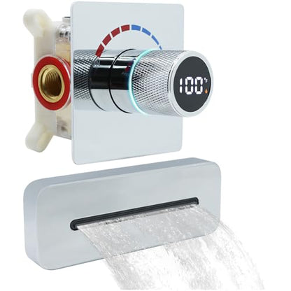 Temperature Display Shower Valve with Wall Mounted Waterfall Tub Faucet Kit Waterfall Tub Spout One Way Shower Deliver Valve - color: Polished Chrome, style: Adjustable bathtub faucet