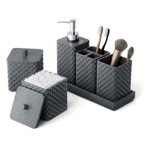 Bathroom Accessories Set Resin 6PCS, Square Toothbrush Holders Set Complete with Soap Dispenser, Vanity Tray, Tumbler, Cups and Cotton Swab Jars (Gray Diamond, Resin Bath 6 PCS) - color: Gray Diamond
