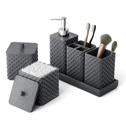 Bathroom Accessories Set Resin 6PCS, Square Toothbrush Holders Set Complete with Soap Dispenser, Vanity Tray, Tumbler, Cups and Cotton Swab Jars (Gray Diamond, Resin Bath 6 PCS) - color: Gray Diamond
