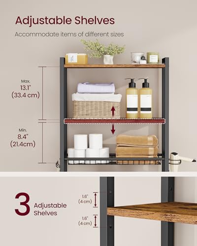 VASAGLE BARNET Collection - Over the Toilet Storage, Over Toilet Bathroom Organizer with Adjustable Shelves and Basket, 3 Hooks, Space Saving, 9.4 x 23.6 x 63 Inches, Rustic Brown UBTS113KD01S - color: Rustic Brown, style: 3 Tiers (63" H)