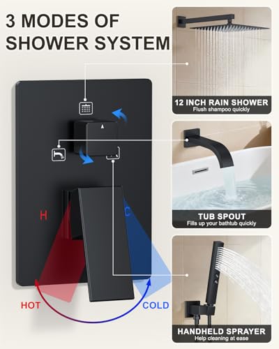 Shower System with Tub Spout, Wall Mounted Bathtub Shower Faucet Set, 12" Rainfall Shower Head and Handheld Shower Combo, High Pressure Shower Fixtures Set with Rough-in Valve, Matte Black - color: Matte Black, style: 12" Wall Mounted Shower System with T