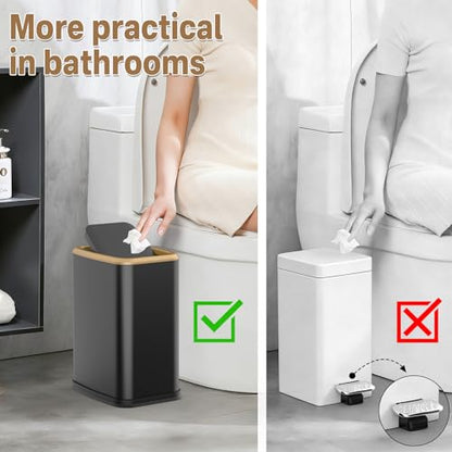 2.1 Gallon Slim Bathroom Trash Can with Swing Lid, 8L Stainless Steel Bathroom Garbage Can with Removable Inner Bucket for Narrow Spaces, Toilet Side, Bathroom, Bedroom - color: Black and Gold