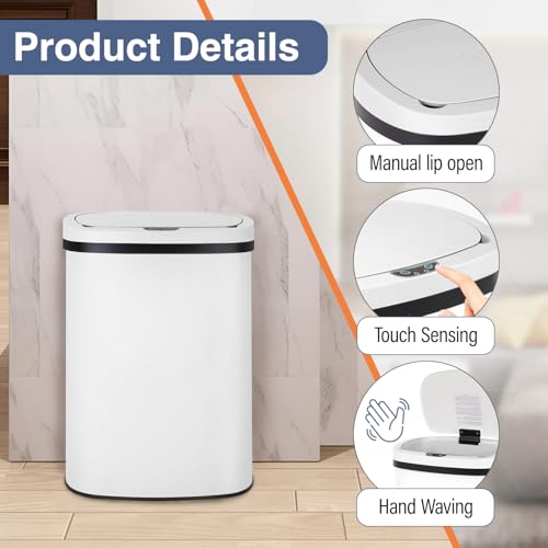 PayLessHere | 13 Gallon Stainless Steel Trash Can | White | Automatic Touchless Lid with Motion Sensor | Kitchen Garbage Can with Waterproof Design | for Home, Office, Bathroom | Pack of 1 - color: White Stainless Steel