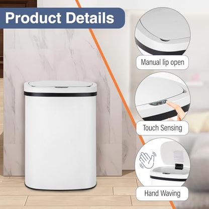 PayLessHere | 13 Gallon Stainless Steel Trash Can | White | Automatic Touchless Lid with Motion Sensor | Kitchen Garbage Can with Waterproof Design | for Home, Office, Bathroom | Pack of 1 - color: White Stainless Steel