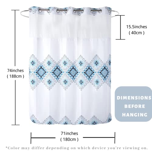 71" W x74 H Hotel Grade Fabric Hook Free Shower Curtain with Replacement Magnets Liner White&Blue Boho Style –100% Waterproof Machine Washable Top See Through Mesh Window Standard Size - color: White&blue, size: 71"W x 74"L (Pack of 1)