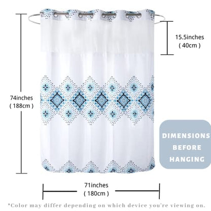 71" W x74 H Hotel Grade Fabric Hook Free Shower Curtain with Replacement Magnets Liner White&Blue Boho Style –100% Waterproof Machine Washable Top See Through Mesh Window Standard Size - color: White&blue, size: 71"W x 74"L (Pack of 1)