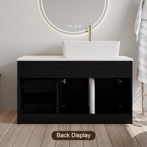 36” Floating Bathroom Vanity with Ceramic Sink, Wall-Mounted Plywood Cabinet with 2 Doors & 2 Drawers, White Left Side Vessel Sink, Soft-Close Storage Vanity, Side White - color: Side White
