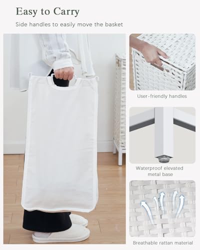 SETVSON Laundry Hamper with Lid, 112 L Handwoven Rattan, Cloud White | 2-Section Large Basket, 2 Removable Liner Bags, 3.34-In Heightened Metal Feet, 6 Mesh Laundry Bags, Side Handles - color: Cloud White, size: 112 L - 29.6 gal