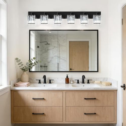 Black Crystal Bathroom Vanity Light, 6-Light Modern Bathroom Lighting Fixtures Over Mirror, Matte Black Wall Sconce Light Fixtures with Square Shade - color: Black-Square Shade, size: 6-LIGHT