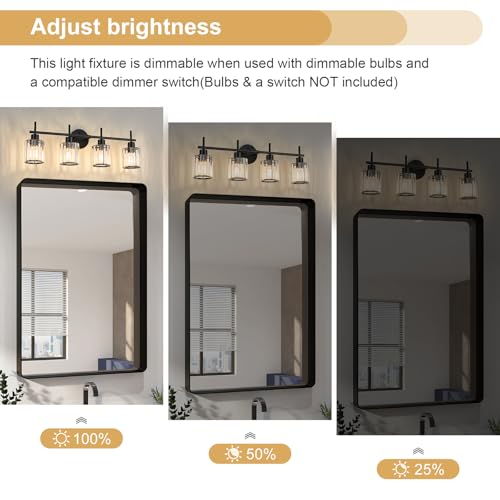 Black Bathroom Light Fixtures, Round, 4-Light | Vanity Lights with Crystal Shades, Modern Bathroom Lighting Fixtures over Mirror (Bulbs Not Included, E26) - color: Black (Round), size: 4-Light