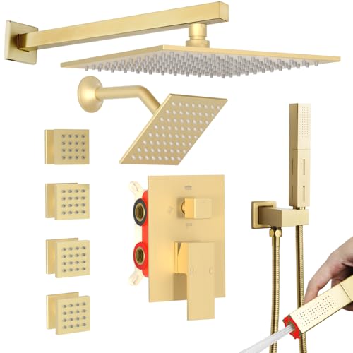Enga Shower System with Body Jets, Dual Head 10 Inch Rain Shower Head with 6 Inch Showerhead, 4 Body Jets with 2 in 1 Handheld Spray, Brushed Gold - color: Brushed Gold, style: Wall-10"+6"+4Jets