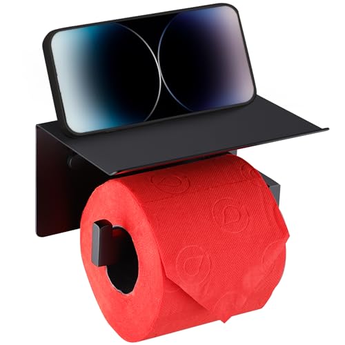 LANC Black Toilet Paper Holder with Shelf, Toilet Paper Roll Holder with Phone Shelf for Bathroom Kitchen Wall Mounted, 304 Stainless Steel TP Holder,Matte Black Left, A8367MB-LF - color: Matte Black, size: Left