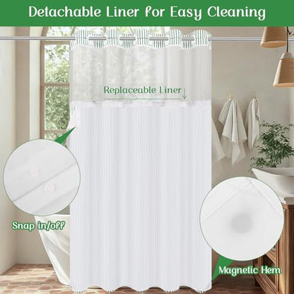 ASPMIZ Farmhouse Striped Shower Curtain and Liner Set No Hook, Green 71x74 | No Hook Shower Curtain with Snap in Liner Fabric, Rustic Washable Waterproof Bathroom Curtains with Button, Mesh Top Window - color: Green Striped, size: 71"W x 74"L (Pack of 1),