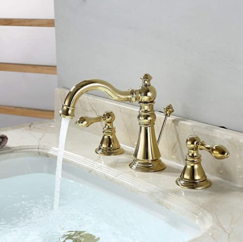 Polished Brass 2-Handle 8 Inch Widespread Bathroom Faucet, 3 Holes | Derengge Traditional Widespread Sink Faucet, With Pop-Up Drain 360° Swivel Stainless Steel Spout, F-8303-PB - color: Polished Brass
