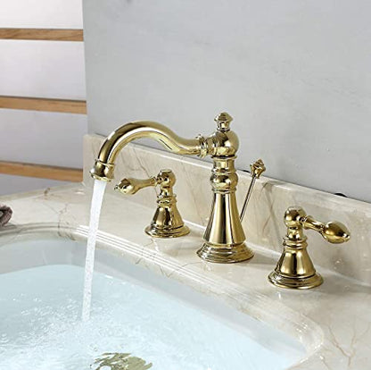 Polished Brass 2-Handle 8 Inch Widespread Bathroom Faucet, 3 Holes | Derengge Traditional Widespread Sink Faucet, With Pop-Up Drain 360° Swivel Stainless Steel Spout, F-8303-PB - color: Polished Brass