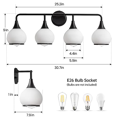 Black Bathroom Light Fixtures 4-Lights Vanity Lights with Milky White Frosted Glass Shade Bathroom Vanity Light 30.7 inch Wall Sconce Lighting Bath(Exclude E26 Bulb) - color: Black, size: 4 Light