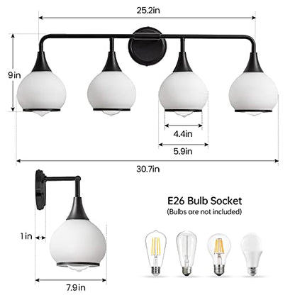 Black Bathroom Light Fixtures 4-Lights Vanity Lights with Milky White Frosted Glass Shade Bathroom Vanity Light 30.7 inch Wall Sconce Lighting Bath(Exclude E26 Bulb) - color: Black, size: 4 Light