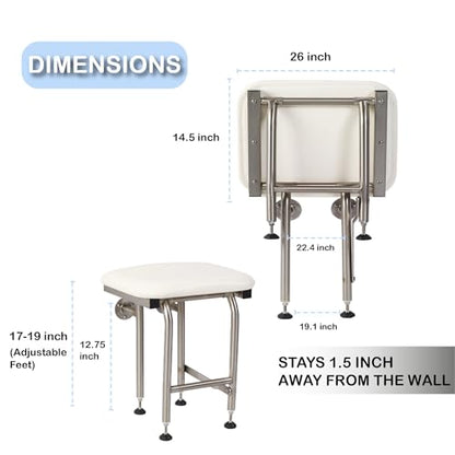 Padded Folding Shower Seat with Legs - Wall Mount Bench for Inside Shower / Bathroom Safety Assist / 304 Stainless Steel / Marine Vinyl / 26" x 16" - size: 26 x 16"