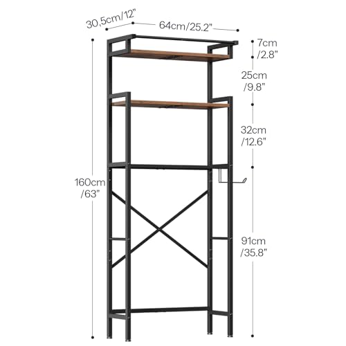 HOOBRO Over-The-Toilet Storage Rack, 3-Tier Bathroom Shelves Above Toilet, Bathroom Organizer with Toilet Paper Hook, Laundry Room, Space Saver, Rustic Brown and Black BF21TS01