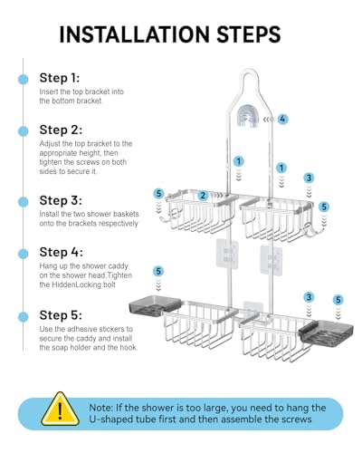 Adjustable Shower Caddy Hanging - Never Rust Shower Organizer Hanging, Aluminum Shower Racks for Inside Shower - Bathroom Organizers and Storage with 2 Soap Holders and 2 Removable Hooks, Silver