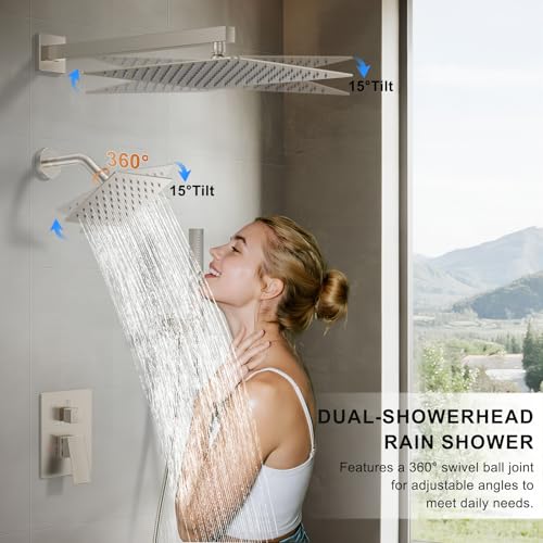 Rain Shower System 12" & 6" Dual Shower Heads, Wall Mount Shower Faucet Set | Ideal for bathroom remodels and upgrades with 12" rain shower, 6" angled shower, handheld spray and complete valve kit. - color: Brushed Nickel, size: Wall Mounted - 12"+6" Show