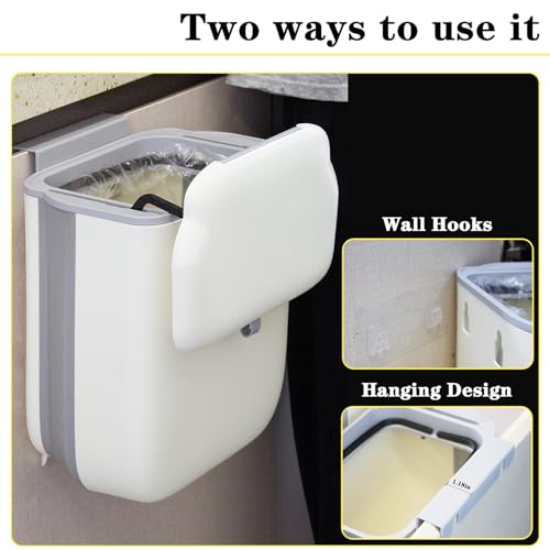 Soddeph 3.2Gal Collapsible Trash Bin with Lid | Hanging wall-mounted wastebasket for kitchen, under sink, RV. Collapsible, beige, space-saving