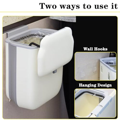 Soddeph 3.2Gal Collapsible Trash Bin with Lid | Hanging wall-mounted wastebasket for kitchen, under sink, RV. Collapsible, beige, space-saving