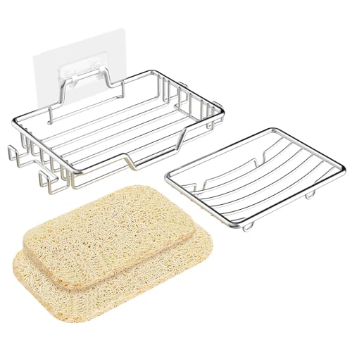 Soap Dish for Shower 2 Pack,Soap Holder with Soap Saver,Stainless Steel Adhesive Soap Dish with 4 Hooks for Bathroom,Kitchen