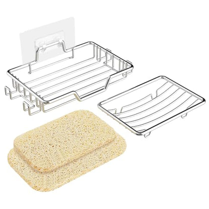 Soap Dish for Shower 2 Pack,Soap Holder with Soap Saver,Stainless Steel Adhesive Soap Dish with 4 Hooks for Bathroom,Kitchen