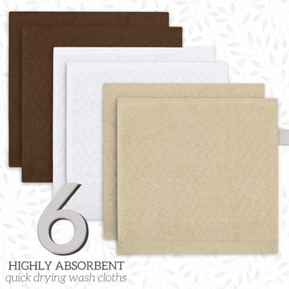 GREEN LIFESTYLE 12x12 inches Checker Washcloths 6 Pack, Soft, Durable, Highly Absorbent and Luxurious (Beige) - color: Beige
