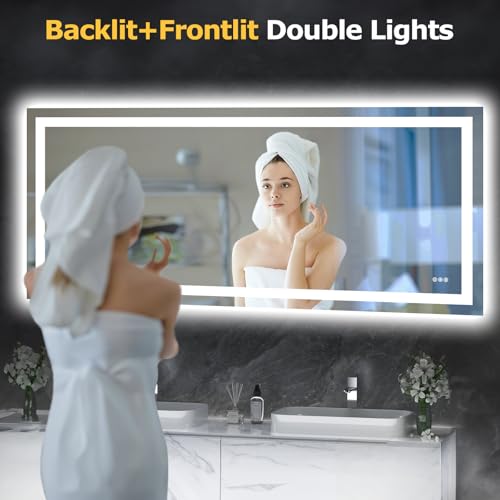 Hivone 72"X32" LED Bathroom Mirror with Lights, Anti-Fog, Dimmable, Backlit + Front Lit, Smart Bathroom Vanity Mirror, Memory Function, Shatterproof, Tempered Glass (Horizontal/Vertical) - size: 72"L x 32"W