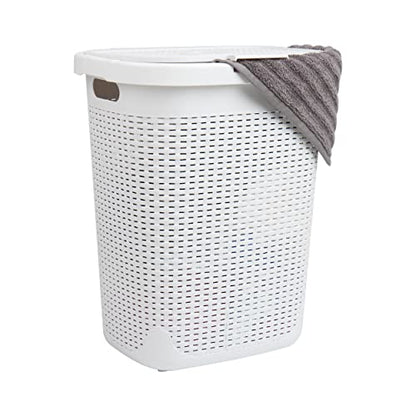 Mind Reader Slim Laundry Hamper with Lid, 50L Clothes Basket, Premium Wicker Design, Plastic, White - color: White