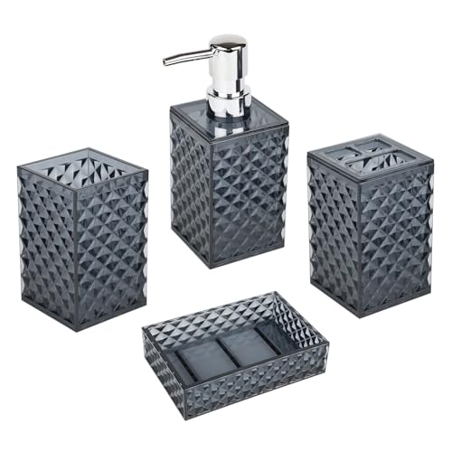 Bathroom Accessories Set, 4 PCS Grey Bathroom Accessory Sets Complete, Diamond Pattern Soap Dispenser and Toothbrush Holder Set,Boho Bathroom Decor, Dark Grey Bathroom Sets Accessories - color: Grey