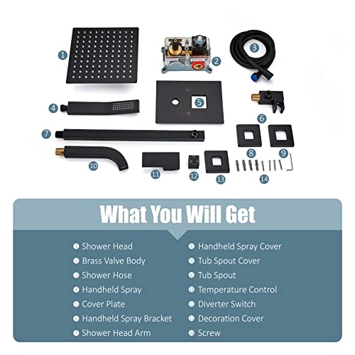 Aolemi Shower Faucet Set with Tub Filler Handheld 10" Head Matte Black | Shower Valve and Trim Kit,Handheld Spray,Tub Spout,Single Handle,SUS304,Bathroom Mixer for Remodeling - color: Black, size: 10 Inch Shower Head