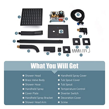 Aolemi Shower Faucet Set with Tub Filler Handheld 10" Head Matte Black | Shower Valve and Trim Kit,Handheld Spray,Tub Spout,Single Handle,SUS304,Bathroom Mixer for Remodeling - color: Black, size: 10 Inch Shower Head