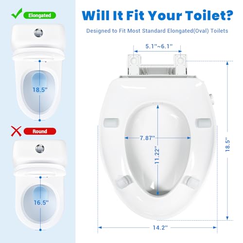 Raised Toilet Seat with Bidet for Seniors, 3" Height, Heavy Duty Slow Close Elevated Toilet Seat with Never Loosen Hinges, Fits Most Elongated Toilets, No Electric Cold Water Only (White 18.5")