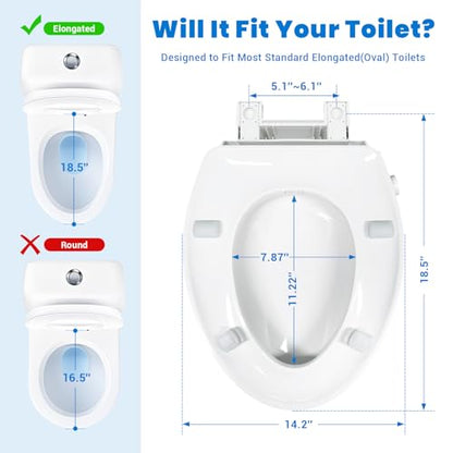 Raised Toilet Seat with Bidet for Seniors, 3" Height, Heavy Duty Slow Close Elevated Toilet Seat with Never Loosen Hinges, Fits Most Elongated Toilets, No Electric Cold Water Only (White 18.5")