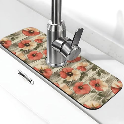 Diatomite Faucet Mat for Kitchen Sink & Bathroom Counter, Super Absorbent Water Sink Protectors Prevent Moisture Buildup, Sink Splash Guard Woodgrain Poppy Pattern - color: Watercolor Daisy2