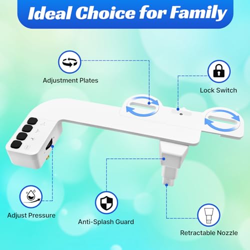 Ultra Thin Non-Electric Bidet Attachment with Dual Self-Cleaning Nozzles | Adjustable Water Pressure, One Click Detach, Fits Most Toilets, Cold Water, Rotate Button Control,White,Square
