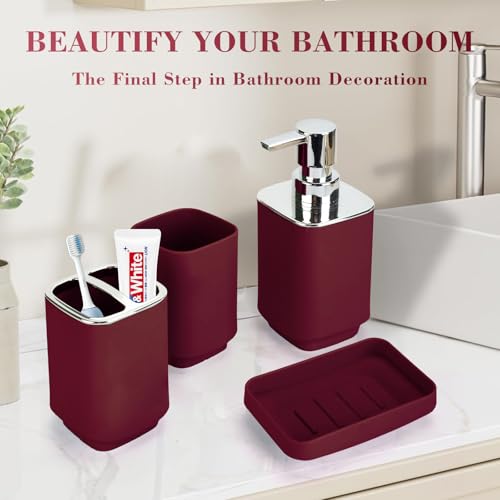 4Pcs Burgundy Bathroom Set, Square Boho Soap & Toothbrush Holder Set | Thick shatterproof ABS, electroplated rust-proof pump, drip-free, multi-slot holder, dustproof lids, easy-clean - color: Burgundy, size: 4PCS