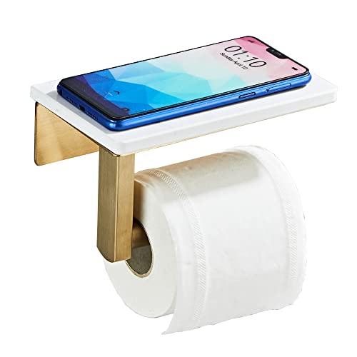 Brushed Gold Toilet Paper Holder with Marble-Look Shelf, Wall Mounted SUS304 Stainless Steel Toilet Roll Holder with Phone Storage - color: Brushed Gold