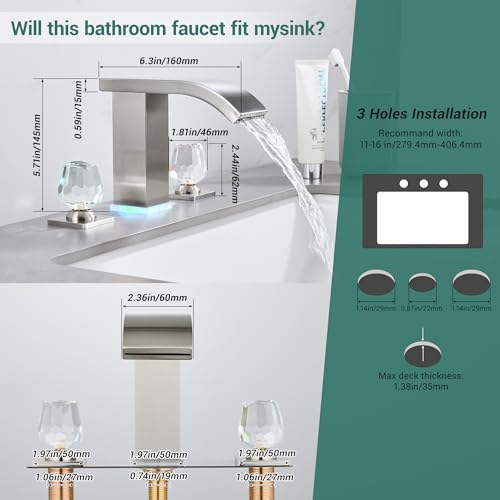 Bathroom faucets 3 Hole Widespread Brushed Nickel Bathroom Sink Faucet 8 inch LED Light Modern 3 Hole Vanity Faucet Bathroom with Pop Up Drain (Brushed Nickel) - color: Brushed Nickel