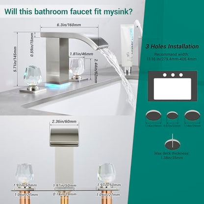 Bathroom faucets 3 Hole Widespread Brushed Nickel Bathroom Sink Faucet 8 inch LED Light Modern 3 Hole Vanity Faucet Bathroom with Pop Up Drain (Brushed Nickel) - color: Brushed Nickel