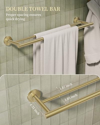Brushed Gold Bathroom Hardware Accessories Set 5 pcs Towel Holder Bar Set | 24 inches Stainless Steel Towel Bar, Towel Racks for Bathroom Robe Towel Hooks Toilet Paper Holder Wall Mounted by BATHLAVISH - color: Brushed Gold