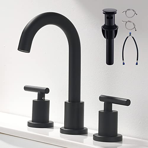 Two Handle Widespread Bathroom Sink Faucet - 3 Hole Vanity Faucet with Pop-Up Drain & cUPC Faucet Supply Lines, 8 Inch Black Bathroom Sink Faucet - color: Black